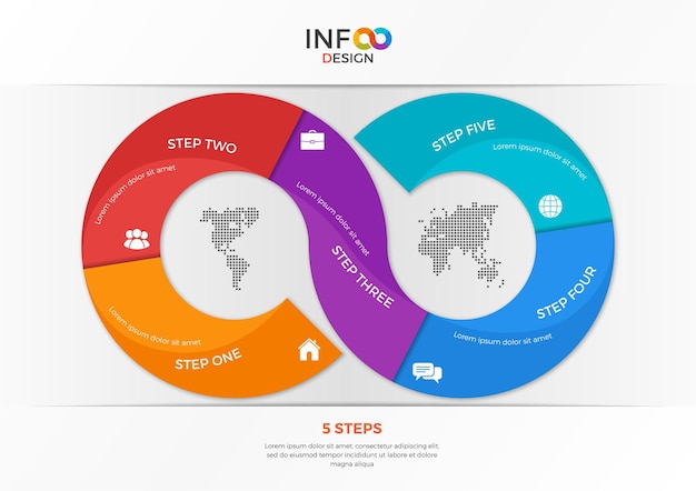 Infographic template in the form of the infinity sign with 5 steps. Template for presentations, advertising, layouts, annual reports, web design etc