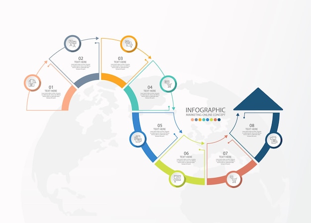 Infographic template with 8 steps, process or options, process chart, Used for process diagram, presentations, workflow layout, flow chart, infograph. Vector eps10 illustration.