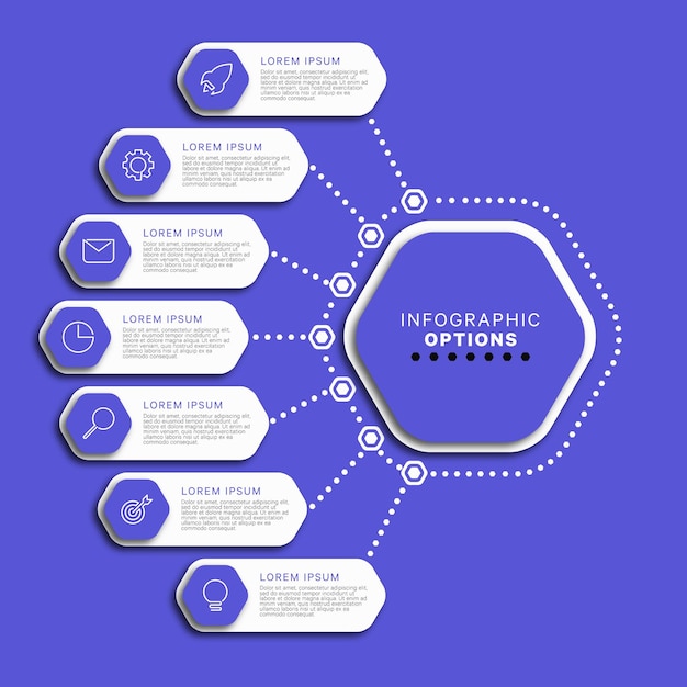 Infographic template with eight hexagonal elements with business icons on a violet background