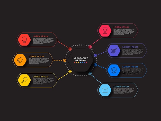 infographic template with seven multicolor hexagonal elements on black background