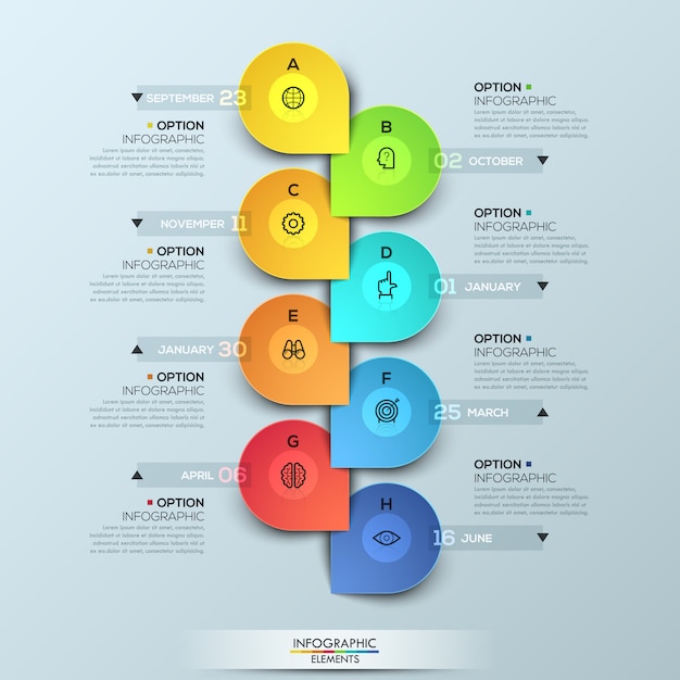 Infographic template with vertical timeline and 8 connected elements