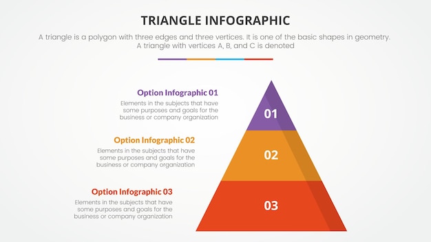 Infographic triangle concept for slide presentation with 3 point list with flat pyramid style