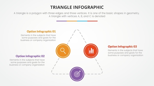 Infographic triangle concept for slide presentation with 3 point list with flat style