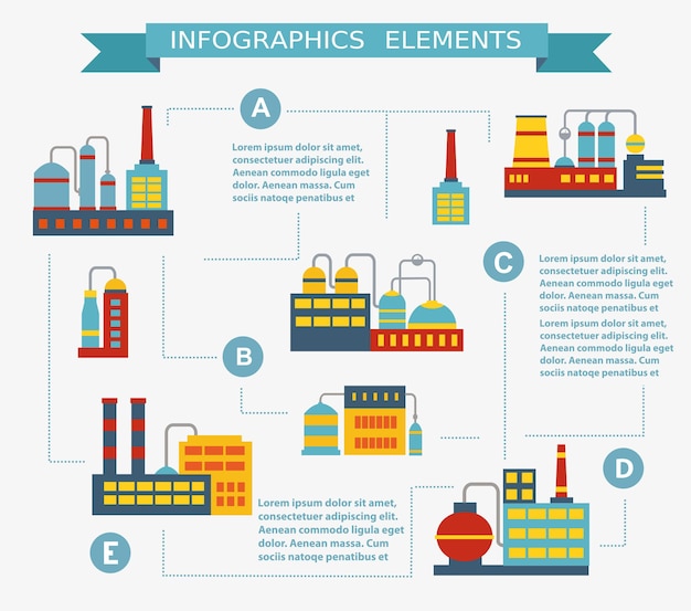 Infographic vector Set of industrial buildings. Boiler building. Power building. Warehouses building. Factories building. The substation building. Buildings urban industrial buildings.