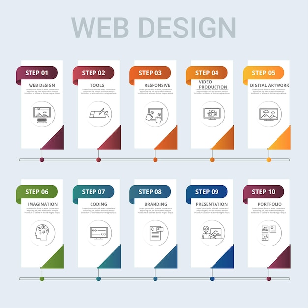 Vector infographic web design template icons in different colors include web design tools responsive video production and others