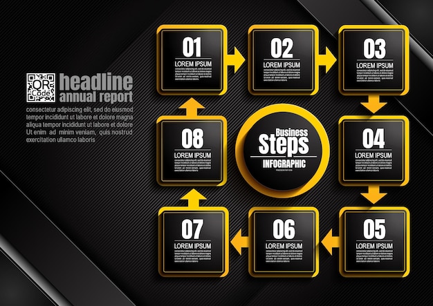 infographics design, 8 process chart diagram, square template for presentation workflow