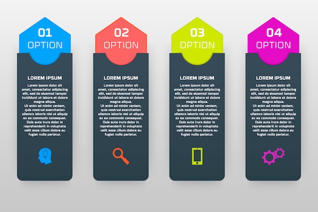  infographics template with four options in material  style. It can be used as a chart, numbered banner, presentation, graph, report, web etc.