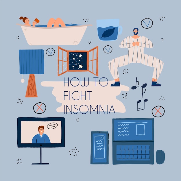 Infographics on ways to fight insomnia Set of elements Tips on how to beat a bad dream Vector illustration in a flat style