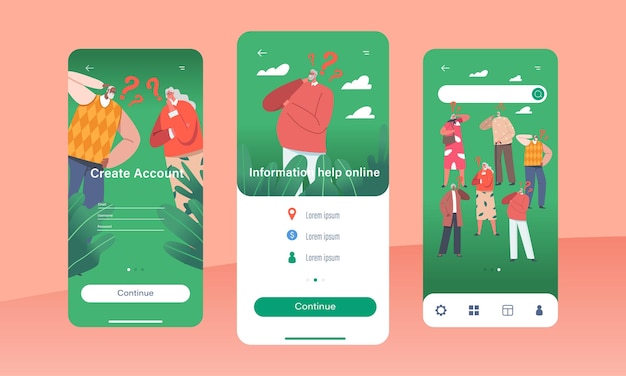 Information Help Online Mobile App Page Onboard Screen Template Old Characters with Question Signs over Head