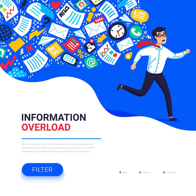 Information overload concept Young man running away from information stream pursuing him Concept of person overwhelmed by information Colorful vector illustration in flat style