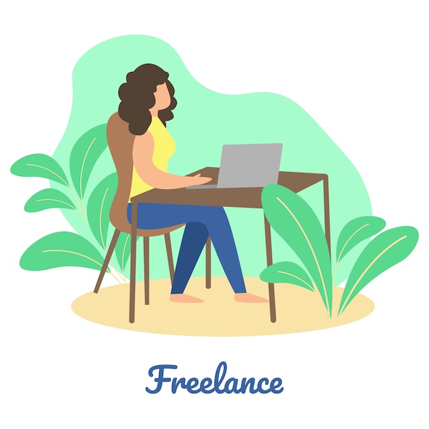 Information Poster with Word Freelance Cartoon. Banner Girl Works at Laptop