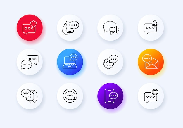 Information set icon No comments shield megaphone speech bubble planet email laptop source smart bracelet gear message phone letter Communication concept Neomorphism Vector line icon