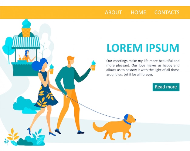 Informational landing page Couple in Love Walk with Dog.