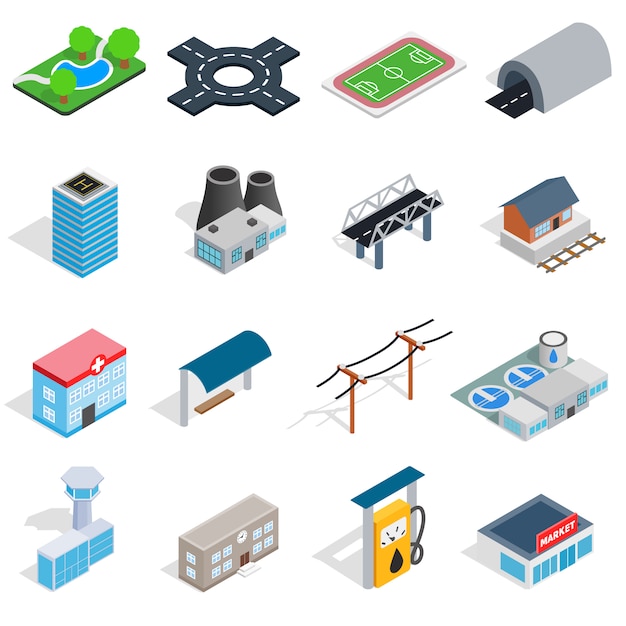 Infrastructure icons set in isometric 3d style. City set collection isolated vector illustration