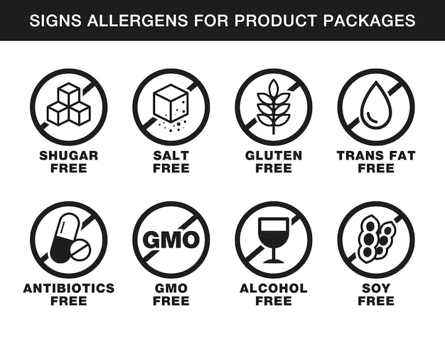 Vector ingredient warning icon set allergen free icons gluten gmo sugar salt soy alcohol antibiotic