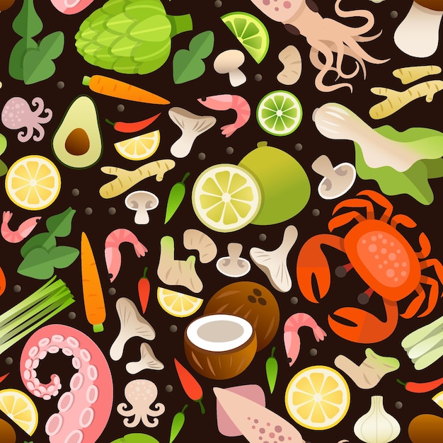 Ingredients for cooking traditional Asian dishes seamless pattern on black background.