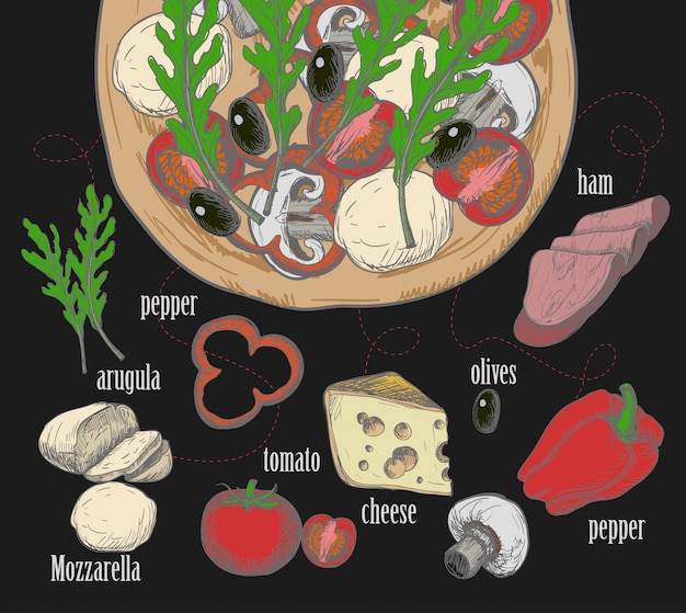 Ingredients for pizza such as olives, tomato, mushrooms, mozzarella, arugula, ham, cheese, pepper, drawn in a chalky graphic style.