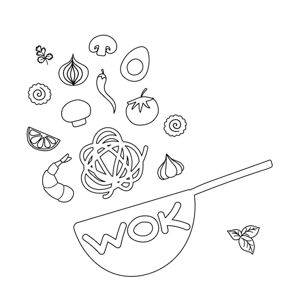 Ingredients for Wok pan vector doodle flat asian wok symbols set Flying vegetables with seafood for menu design