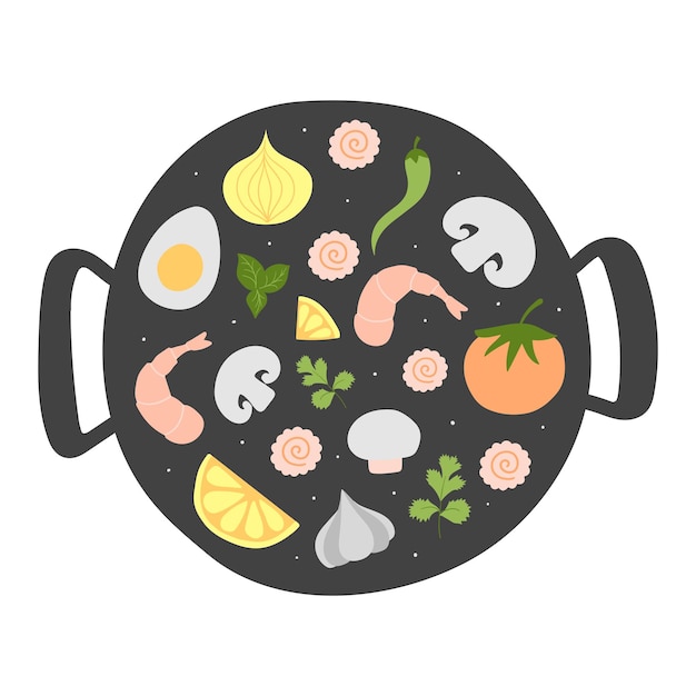 Ingredients for Wok pan vector doodle flat asian wok symbols set Vegetables with seafood for menu design