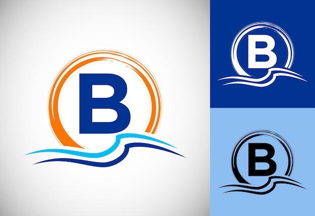 Initial B monogram letter with water ocean waves and the sun Beach logo design concept