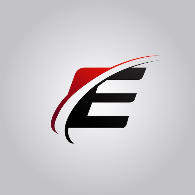 Initial E Letter logo with swoosh colored red and black