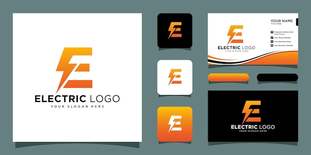 Initial E Letter with Lightning Bolt Logo Vector Design with business card design Premium Vector