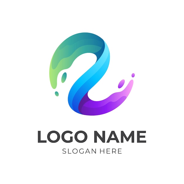 Initial e water logo template, letter e and water, combination logo with 3d colorful style