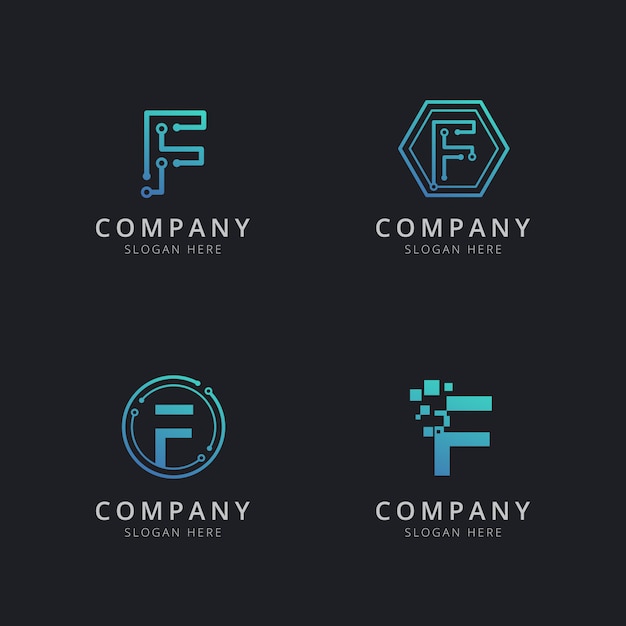 Initial F logo with technology elements in blue color