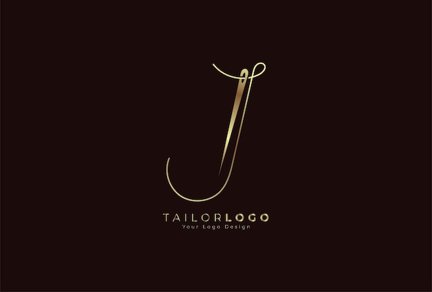 Initial J Tailor logo letter J formed from thread and needle with gold colour line style