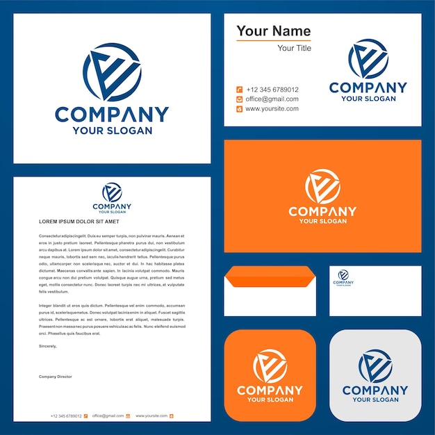 initial letter E in triangle concept with circle logo in  business card premium vector