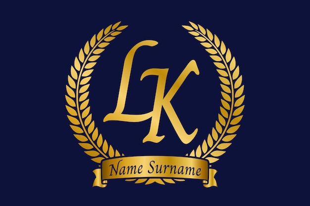 Initial letter L and K LK monogram logo design with laurel wreath Luxury golden calligraphy font