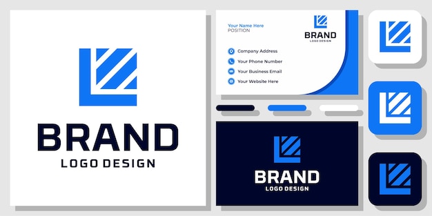 Initial Letter L Monogram Square Box Blue Geometric Modern Logo Design with Business Card Template