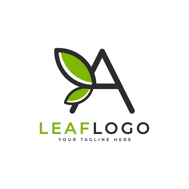 Initial Letter A Logo Black Shape Linear Style Linked with Green Leaf Symbol Usable for Business