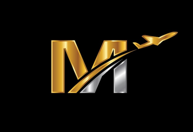 Initial letter M with airplane Logo Design. Airline, airplane, aviation, travel logo template.