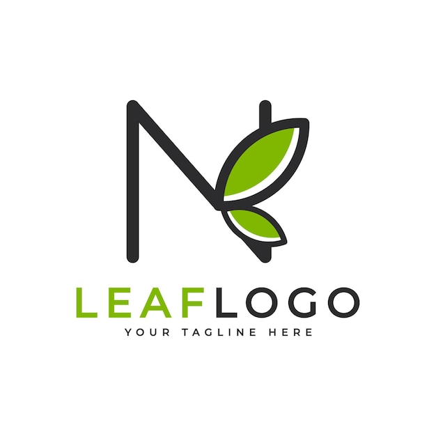 Initial Letter N Logo Black Shape Linear Style Linked with Green Leaf Symbol Usable for Business