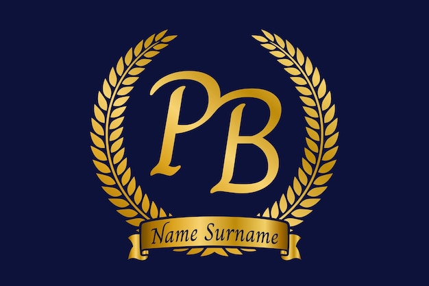 Initial letter P and B PB monogram logo design with laurel wreath Luxury golden calligraphy font