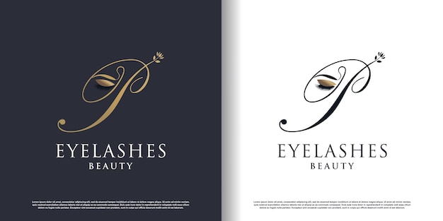 Initial letter p logo design template with eyelash icon and creative concept premium vector