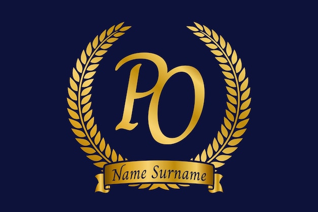 Initial letter P and O PO monogram logo design with laurel wreath Luxury golden calligraphy font