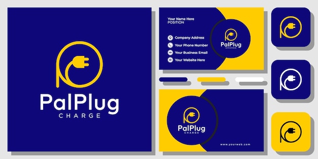 Initial letter P plug symbol charge electric plugs with business card template