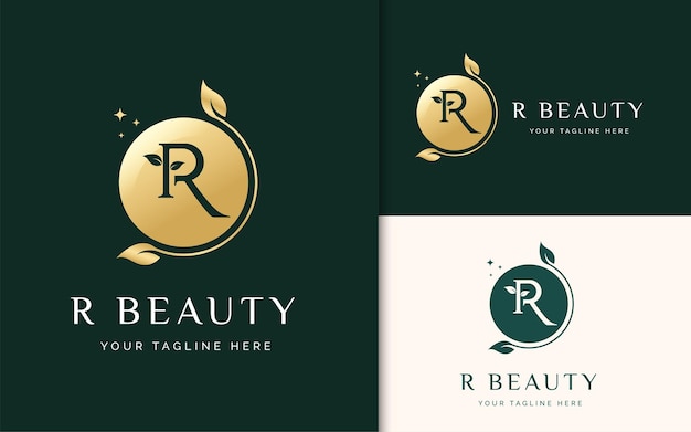 Initial letter R beauty logo template with leaf circle shape style