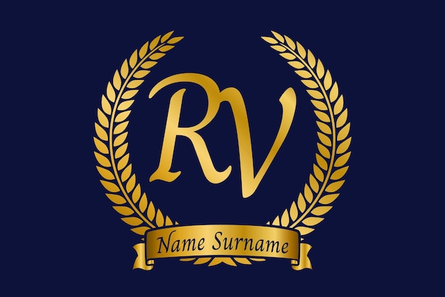 Initial letter R and V RV monogram logo design with laurel wreath Luxury golden calligraphy font