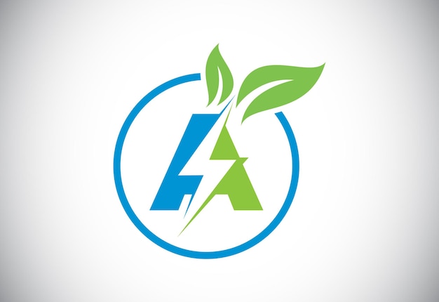 Initial A letter thunderbolt leaf circle or eco energy saver icon Leaf and thunderbolt icon concept for nature power electric logo