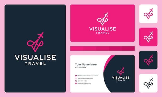 Initial letter V with outline and airplane logo. business card design