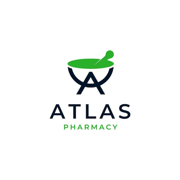 Initial Letter A with Atlas Shape Mortar Bowl Pharmacy Logo Design Inspiration