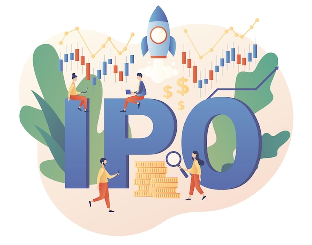 Initial public offering. IPO concept. Tiny people investors ivest stock market shares.