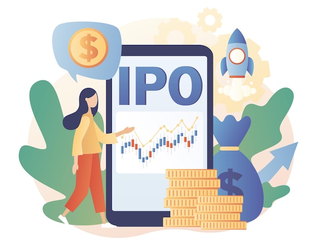 Vector initial public offering. ipo concept. tiny woman investor ivest stock market shares via smartphone