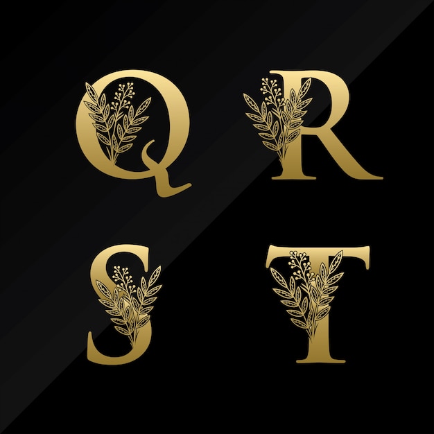 Vector initial q r s t letter logo with simple flower in gold color