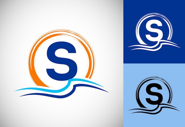 Initial S monogram letter with water ocean waves and the sun Beach logo design concept