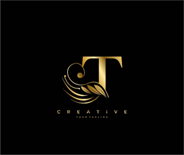 Initial T letter luxury beauty flourishes ornament golden monogram logo