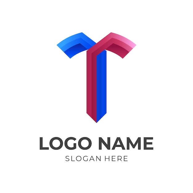 Initial T logo concept with 3d red and blue color style